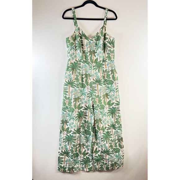 Boden Womens Jumpsuit Green Lola Palm Forest Linen V Neck Smocked Boho 8T Tall - Picture 3 of 10